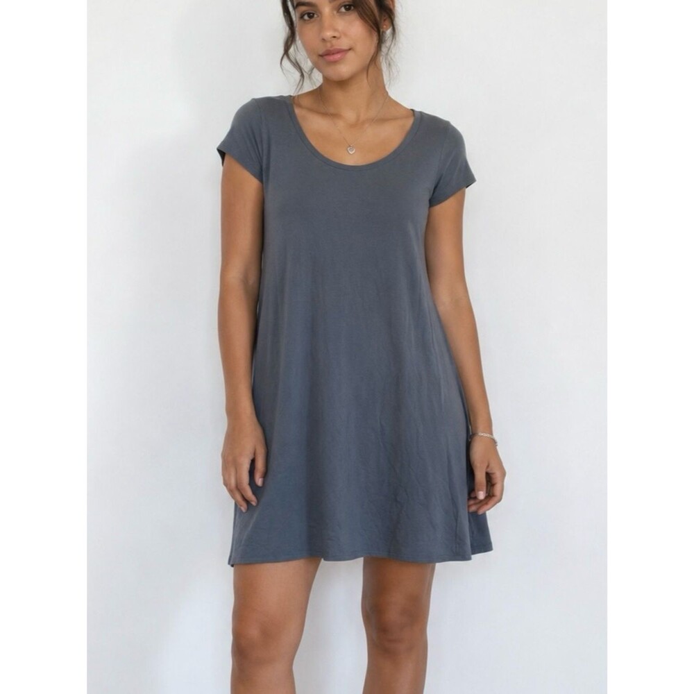 Eileen Fisher Organic Cotton Casual Blue Slate Grey Short Sleeve Tee Shirt Dress